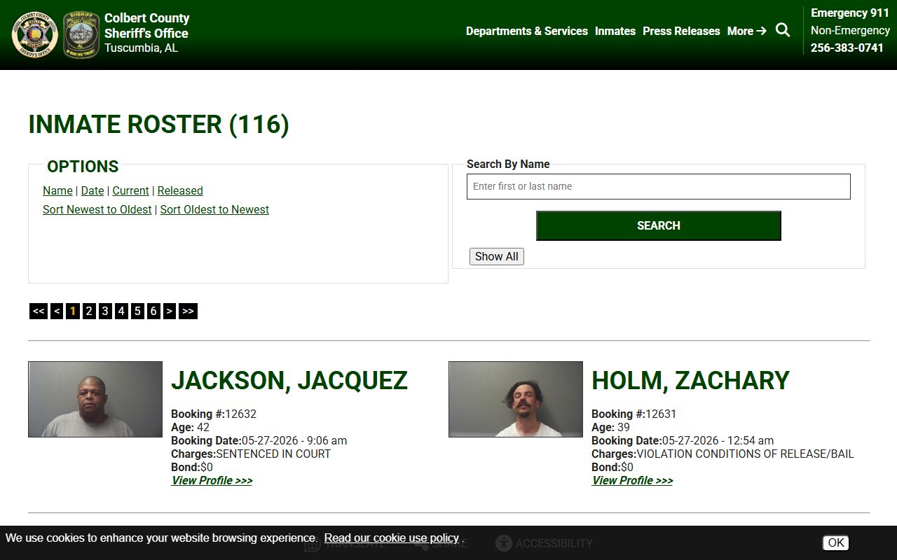 Colbert County Jail current inmate roster with booking fields and mugshots