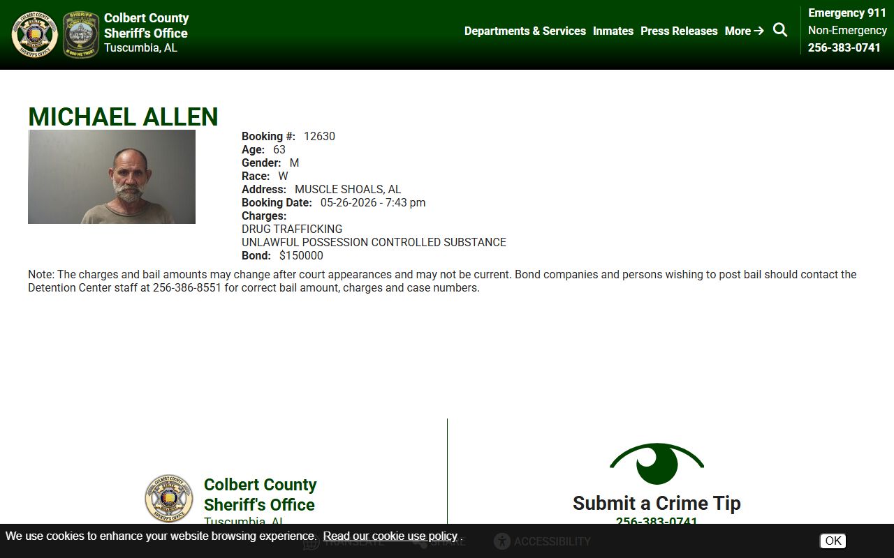 Colbert County inmate profile sample with mugshot booking number charges and bond