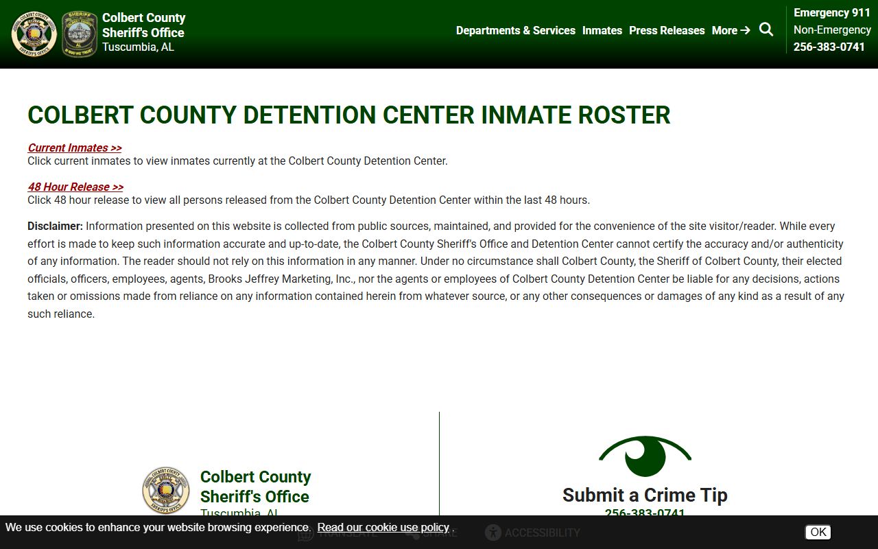 Colbert County roster landing page for searching the current inmate population
