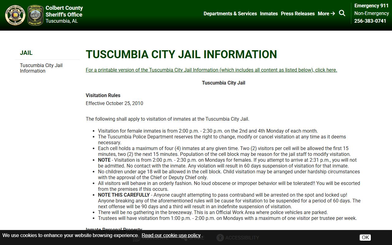 Tuscumbia City Jail female inmate visitation and property rules