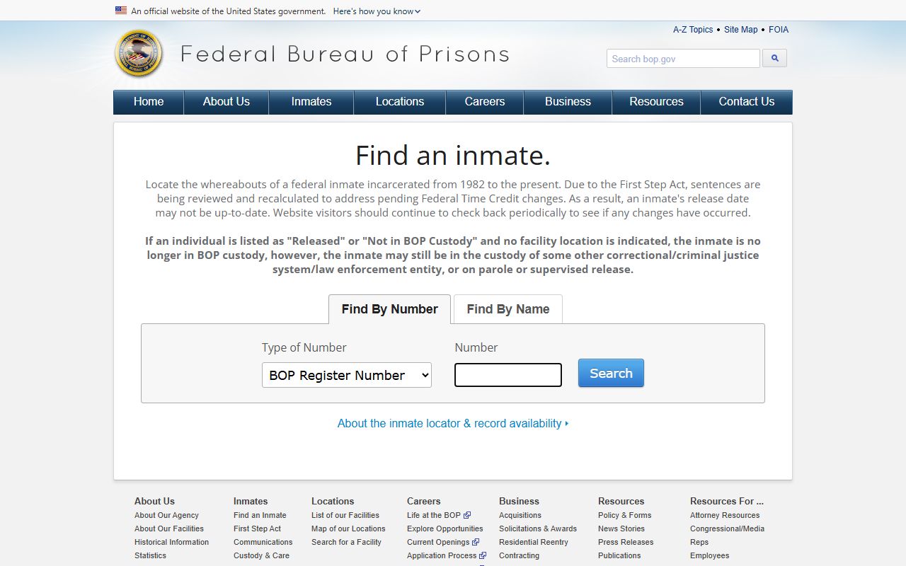 Federal BOP locator used when a Colbert County inmate population search points to federal custody
